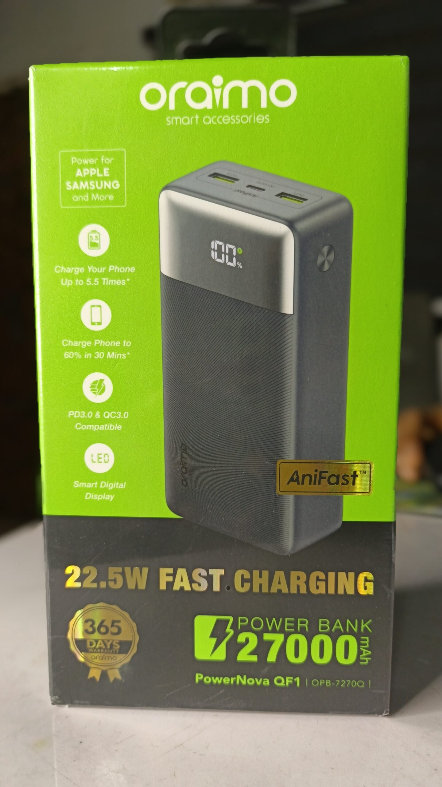 Oraimo 22.5W Fast Charging Power Bank – 27,000mAh High-Capacity Portable Charger
